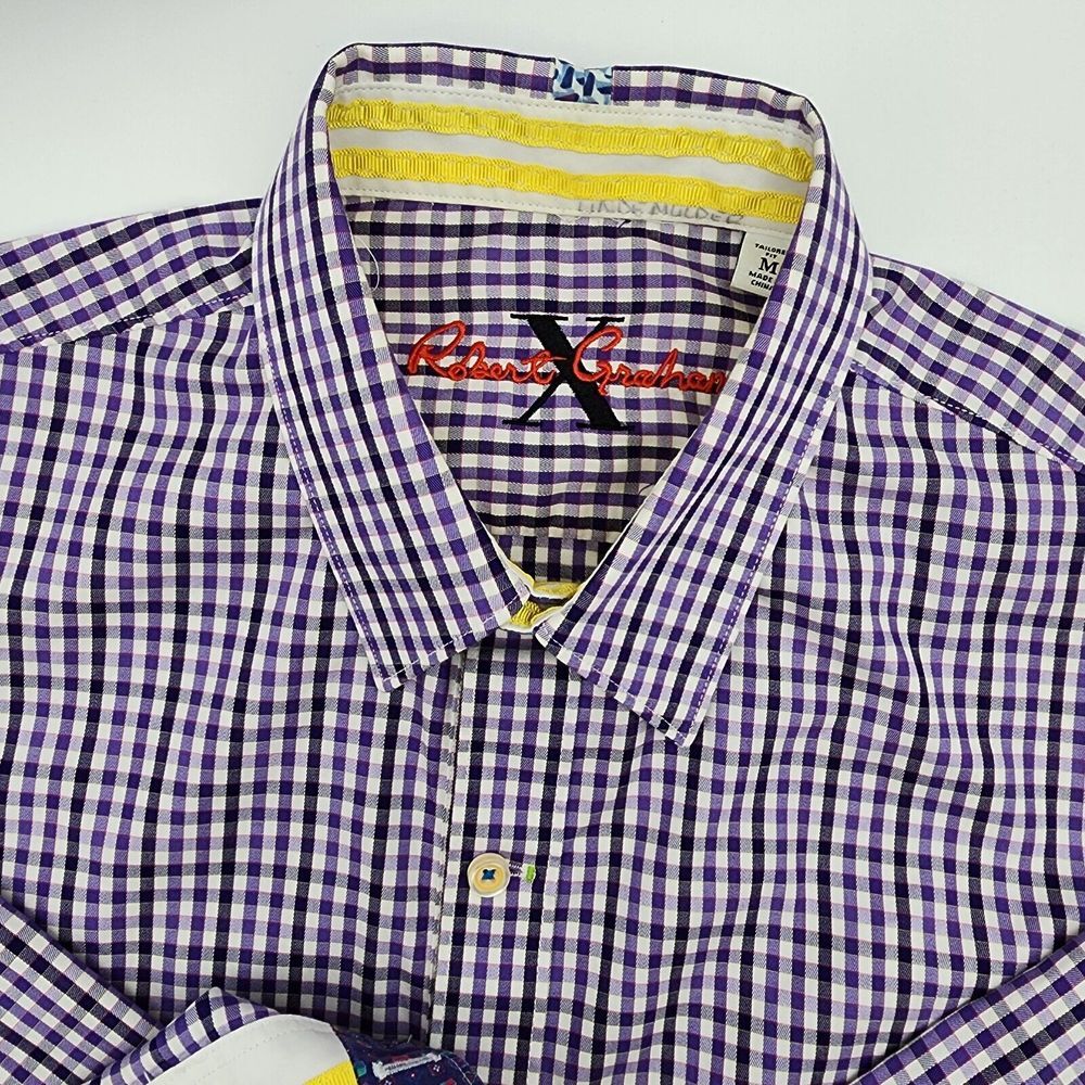 Robert Graham Men's Shirt Size M‎ Flip Cuff Checkered Purple White Button-up